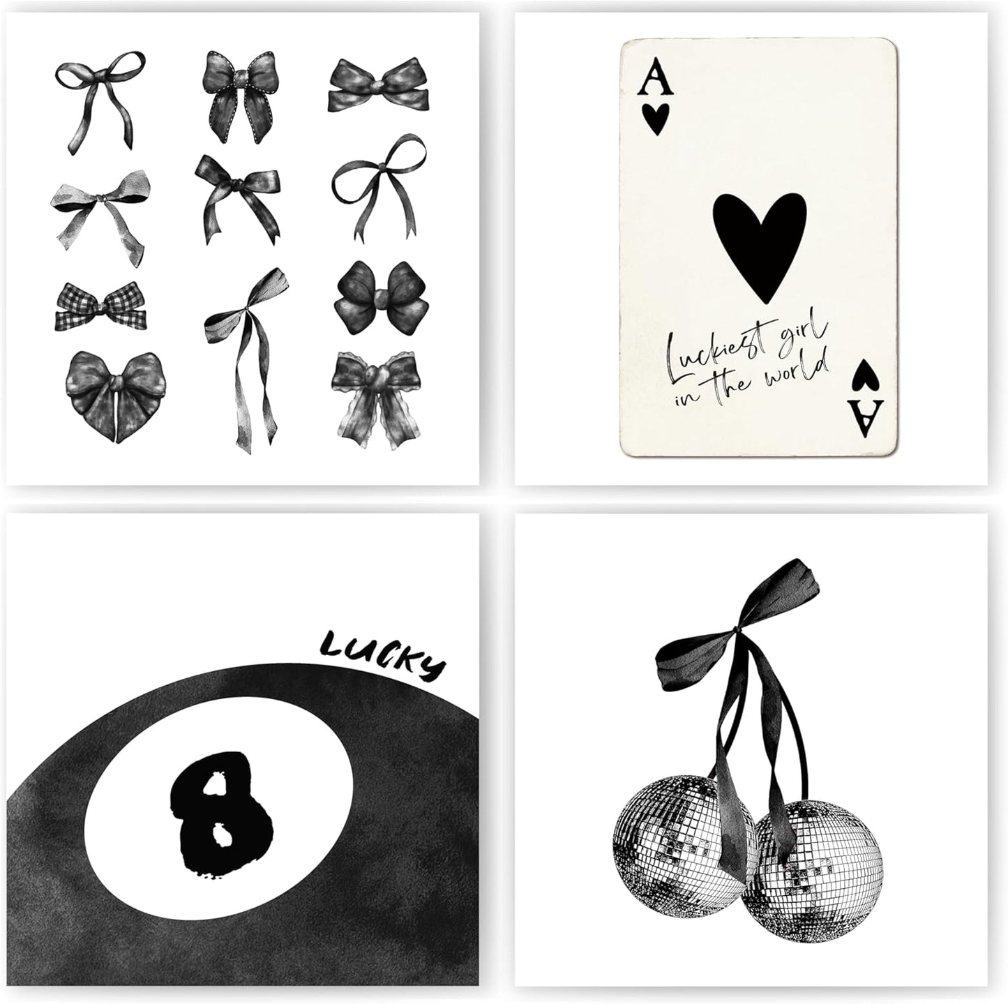 okaxscm Black Coquette Trendy Preppy Wall Art Prints Set of 4,Coquette Room Decor,Preppy Room Decor Aesthetic, Black Bow Disco 8 Ball Cherry Wall Decor Posters for Girls Bedroom Dorm, 10x10 Unframed