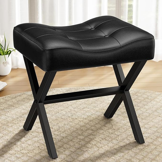 18-Inch Large Leather Vanity Stool, Vanity Chair with Metal X-Leg, Ottoman Accent Stool with Thick Padded Saddle Seat, Black
