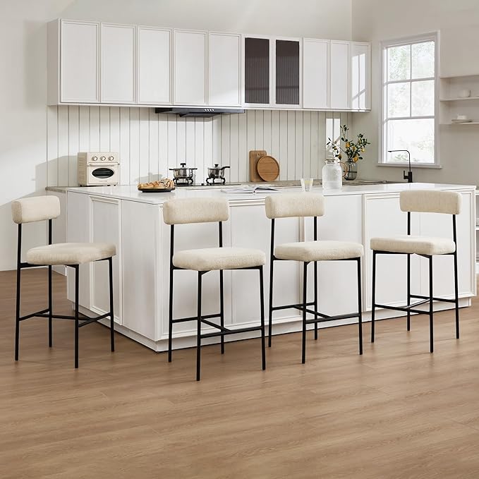 Counter Height Bar Stools Set of 4, Modern Upholstered Bar Stools with Back, Linen Counter Height Chairs with Metal Legs and Padded Cushion for Kitchen Island, Home Pub and Bars, Beige