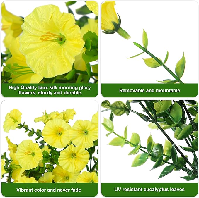 2 PCS Artificial Fall Faux Hanging Flowers Plants for Outdoor Decor,Fake Silk Morning Glory with Eucalyptus UV Resistant Realistic Mums Trailing Vines for Wall Home Porch Patio Balcony Yard,Yellow