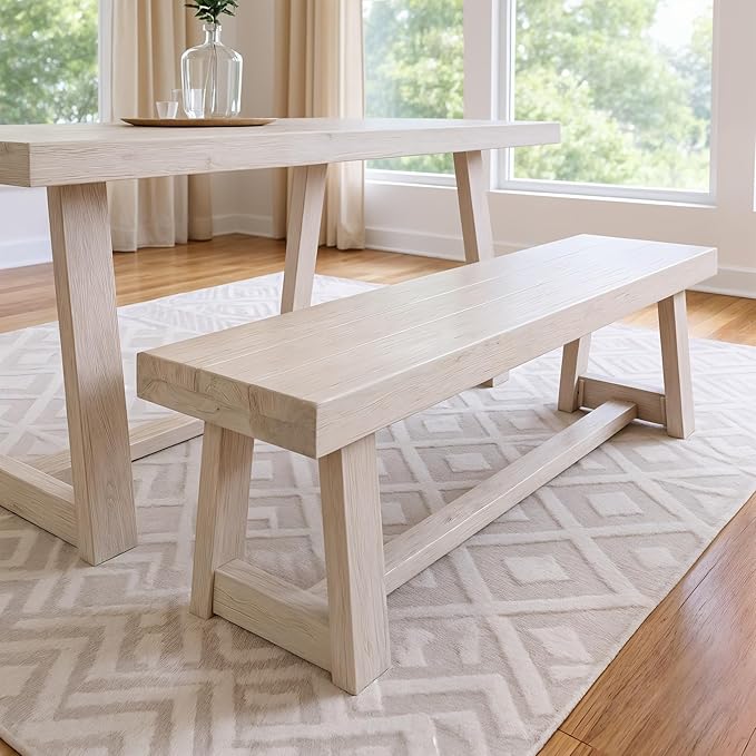 Plank+Beam 60 Inch Farmhouse Dining Bench, Solid Wood Entryway Bench, Wooden Outdoor Bench, Kitchen Dining Seat, Dining Room, Home Office, Living Room Furniture, Easy Assembly, White Sand Wirebrush