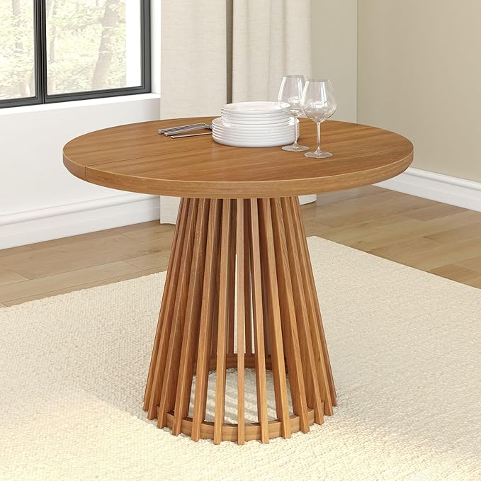 Plank+Beam Lido Round Dining Table, 38", Wooden, Pedestal, Minimalist Kitchen Table for 4 for Dining Room, Pecan