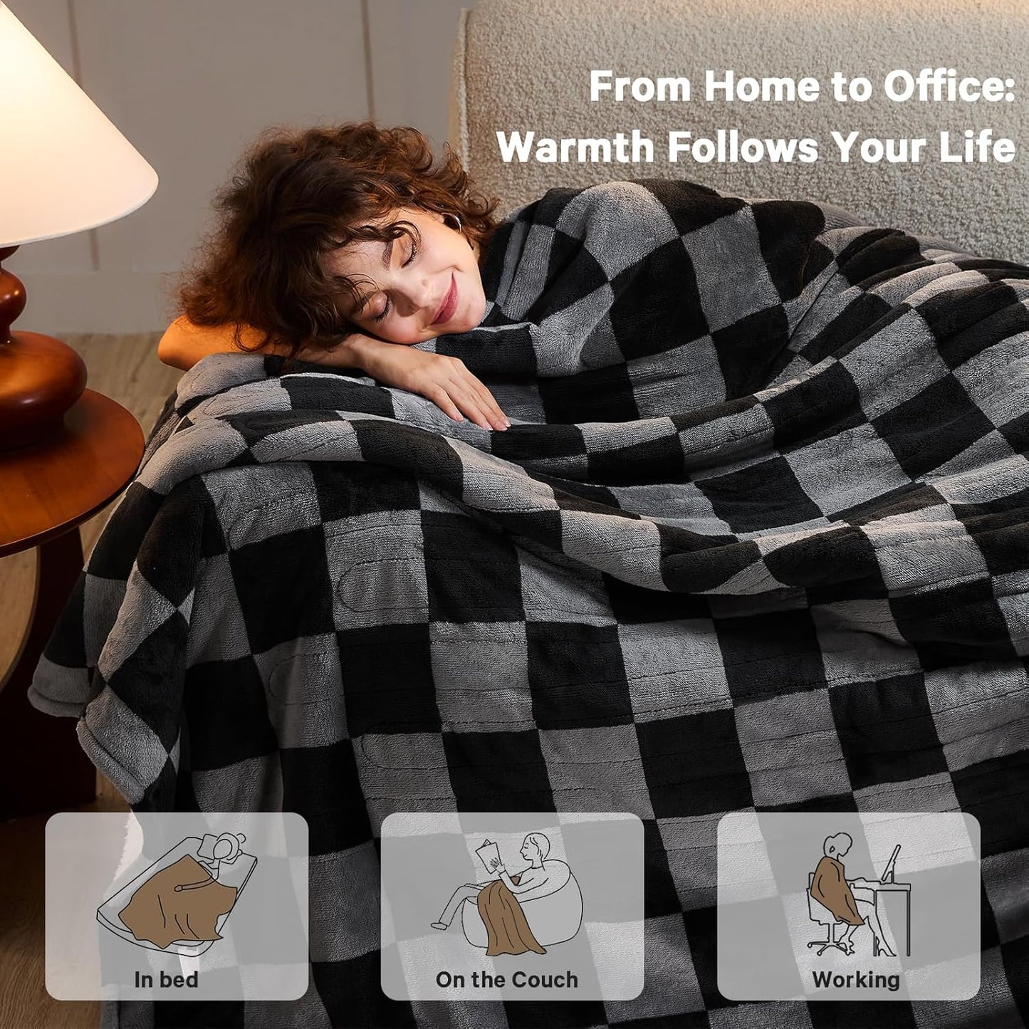 Heated Electric Blanketc Throw, 50X60 Heating Blanket with 10 Heat Level & 8 Hours Auto Off for Lap, Black Gray Checkered Plaid Soft Sherpa Blankets Warmer Gifts for Couch Grandma Women Adults, ETL