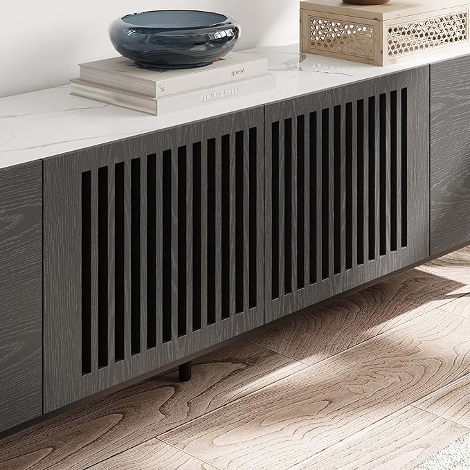 POVISON Mid Century Modern Sintered Stone TV Stand, Slatted Media Console TV Cabinet with Tall-cast Metal Legs, Fluted Entertainment Center with Storage, Fully-Assembled (Black, 70.87")