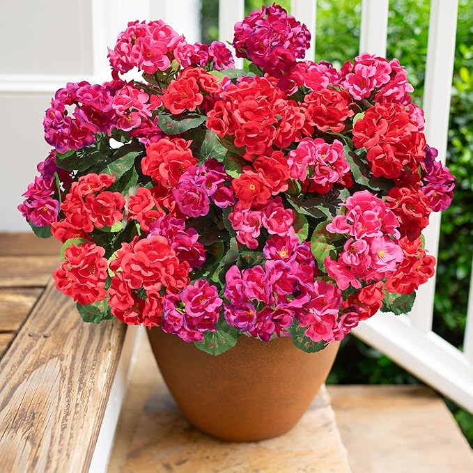 Artificial Geranium Fake Flowers for Outdoors Decoration, 6 Bundles Silk Geraniums Flower UV Resistant Look Real Faux Plants for Front Door Garden Porch Planter Patio Balcony Yard Indoor Home, Mix