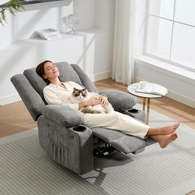 Manual Recliner Chair with Heating & Massage,Ergonomic Overstuffed Breathable Fabric Reclining Chair with Side Pockets,Q235 Steel Frame Lazy Boy Recliner Single Sofa for Living Room Bedroom