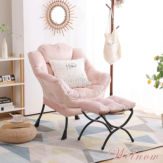 Welnow Lazy Chair with Ottoman, Modern Lounge Accent Chair with Armrests and a Side Pocket, Leisure Sofa Armchair, Reading Armchair with Footrest for Small Space, Pink