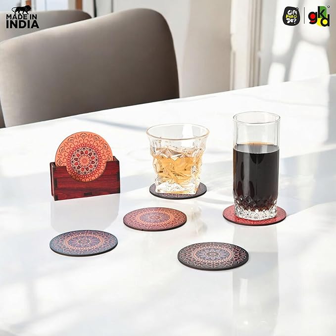 GKD Wooden Coasters for Drinks, MDF Mandala Coasters Set of 6 with Holder, 3.5 inches Eco-Friendly Absorbent Coaster for Coffee Table, Bar, Drinking Glasses, Tabletop Protection