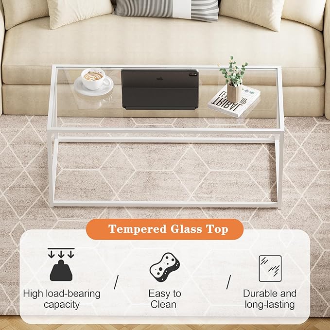 Coffee Table for Living Room, Glass Coffee Tables, Modern 39.4" Center Table for Small Space, Apartment, Office Living Room Home, Rectangular Coffee Table with Clear Glass Top & Metal Frame, White