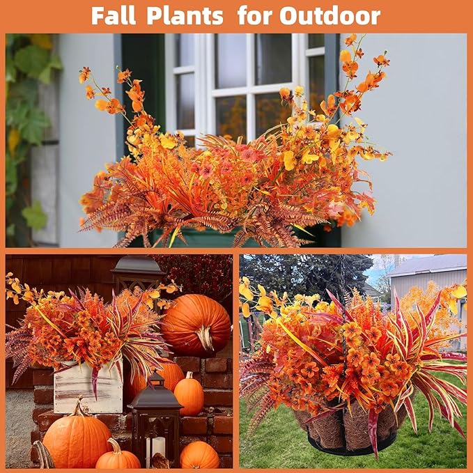 GTIDEA 19 Bundles Outdoors Artificial Fall Flowers Fake Fall Plants for Outdoor Fall Decor UV Resistant Faux Mum Plants Plastic Flowers Bushes for Outside Planter Porch Window Box Patio Home Decor