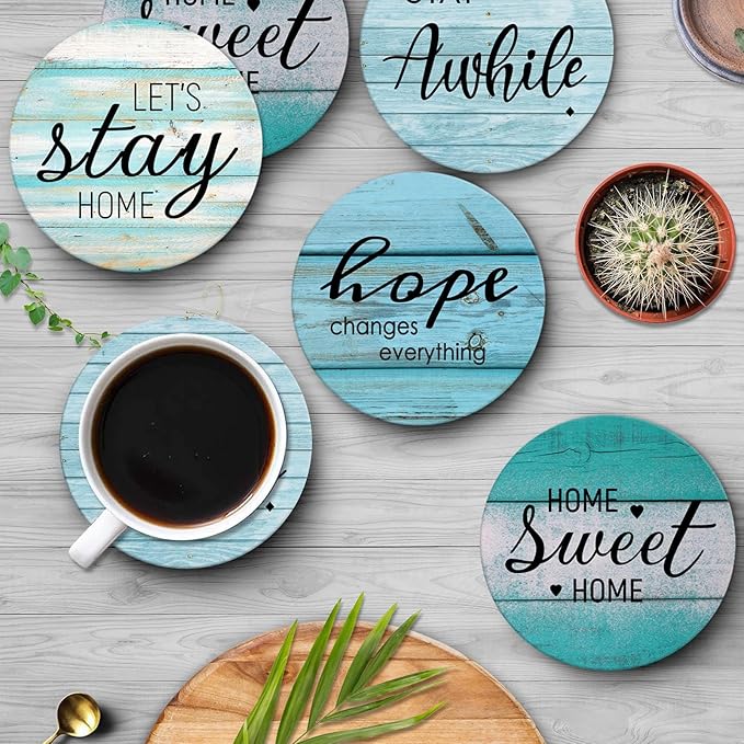 Britimes Coaster for Drinks Set of 6, Antique Teal Blue Wood Beach Table Absorbent Round Ceramic Stone Mat, with Cork Base and Metal Holder, Gift for Housewarming Room Bar Decor