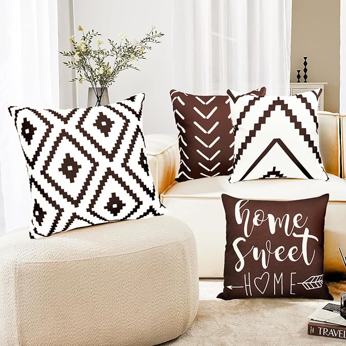 Decorative Throw Pillow Covers 18x18 inch Brown Pillow Covers for Couch Sofa Living Room Bedroom car,Farmhouse Outdoor Throw Pillow Cover,Modern Geometric Linen Square Throw Pillow Case Set of 4