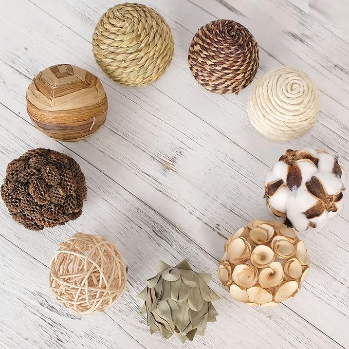 Decorative Balls Spherical Assorted 9pcs Brown White Orbs Rustic Natural Twig Rattan Woven Cotton Balls for Vase Bowl Filler Tabletop Decor Home Party Wedding Display