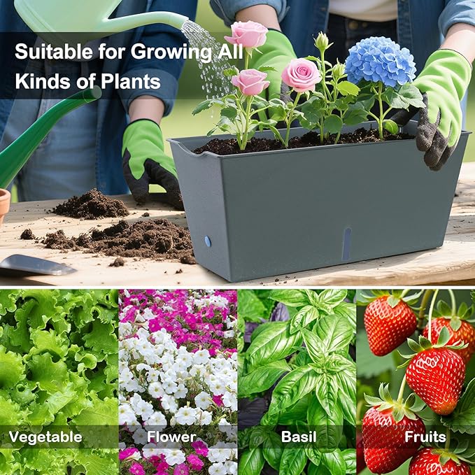 Window Box Planter 6 Pcs, 16.5 Inches Self Watering Rectangle Flower Plant Pots with Drainage Holes Trays, Vegetable Planters for Windowsill Patio Garden Balcony Porch Yard (Dark Green)