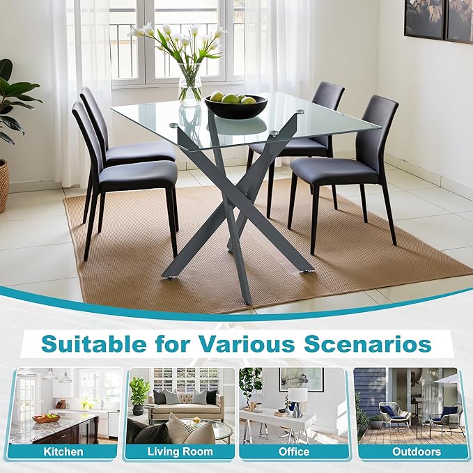 Dining Table for 4 Modern 35.43" Rectangular Glass Dining Table Kitchen & Dining Room Tables with Metal Base for Dining Room and Apartment, Black