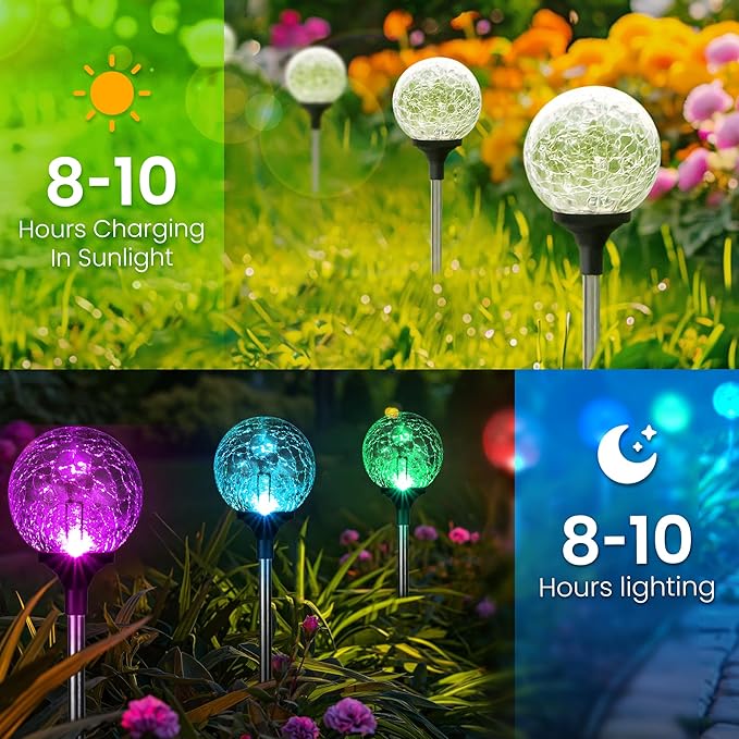 GIGALUMI Solar Garden Lights Outdoor Decorative for Yard 3 Pack, Solar Globe Lights Outdoor Waterproof, Multi-Colored Changing Garden Globes Cracked Glass Ball with LED Lights