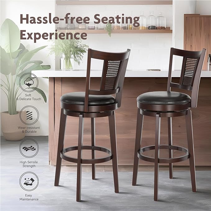 ALPHA HOME Swivel Bar Stools Set of 2, Kitchen Stools with Backs, 30 Inch Wooden Bar Stools, 360 Degrees Swivel Chair with Upholstered, Wrap-Around Footrest Counter Chair, Dark Brown