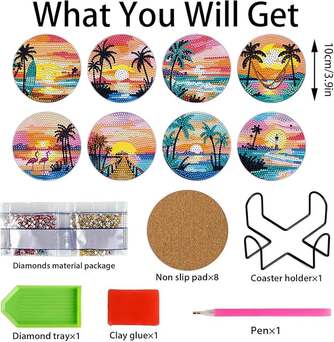 8 PCS Beach Moon Diamond Art Coasters Kits, Diamond Painting Coasters with Holder Set of 8, DIY Drink Coasters Art Crafts Supplies for Adults Cup Mat for Home Decor House Warming Gifts 3.9inch