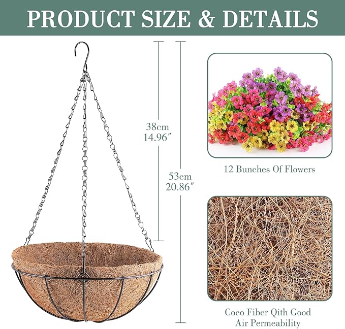 Artificial Flowers Hanging Plants in Basket,Artificial Hanging Flowers for Outdoor Indoor Decor,UV Resistant Hanging Baskets with Fake Flowers for Patio Garden Porch Deck Decoration