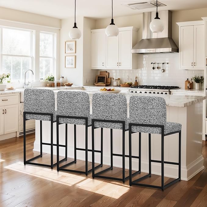 ALPHA HOME 24" Bar Stools Set of 2 Kitchen Counter Stools with Back, Counter Height Stools with Upholstered Footrest for Kitchen Island, Metal Steel Frame, Chenille, Gray