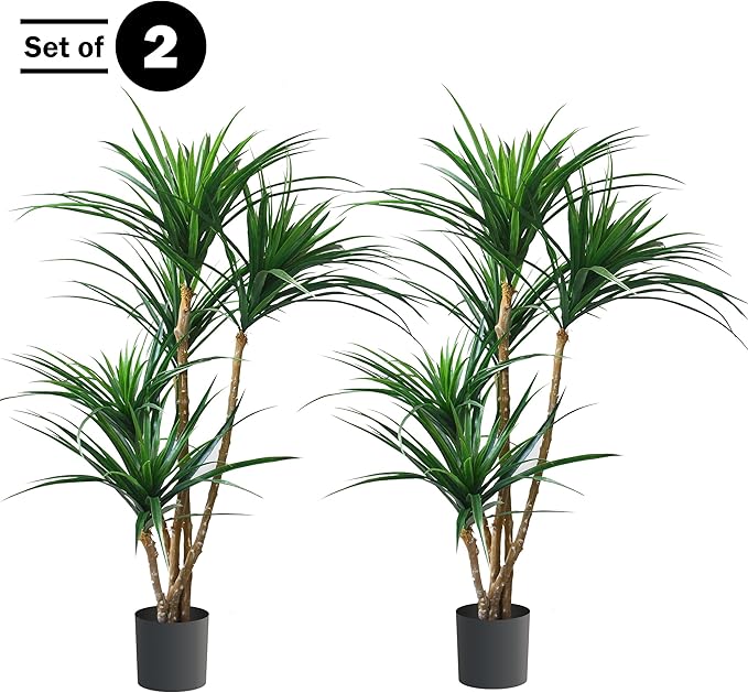 Pure Garden Set of 2 Artificial Trees - 51-Inch Tropical Yucca Plants with Rubber Leaves and Weighted Pots for Living Room or Office - Faux Plants