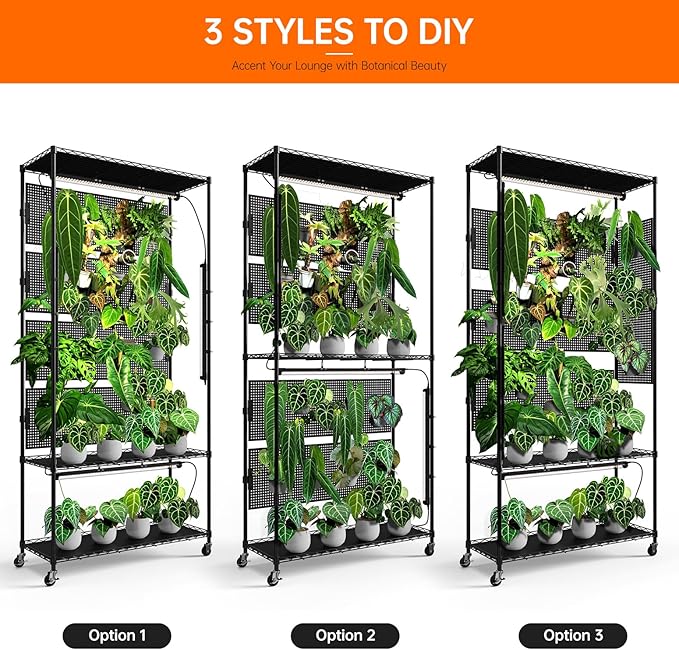 Bstrip Plant Shelf with Grow Light & 4 Pegboard, Metal Plant Stand with Adjustable Rack and Wheels, 4 x 24W Full Spectrum Grow Light Strip for Indoor Plants, Foliage Plants, Seedling, 35.4"x13.8"x71"