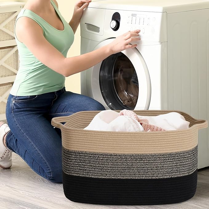 Large Blanket Basket, 60 L Rectangle Storage Baskets for Organizing, Woven Laundry Basket for Blankets, Cotton rope Blanket Storage for Living Room, Nursery Room, Brown&Black