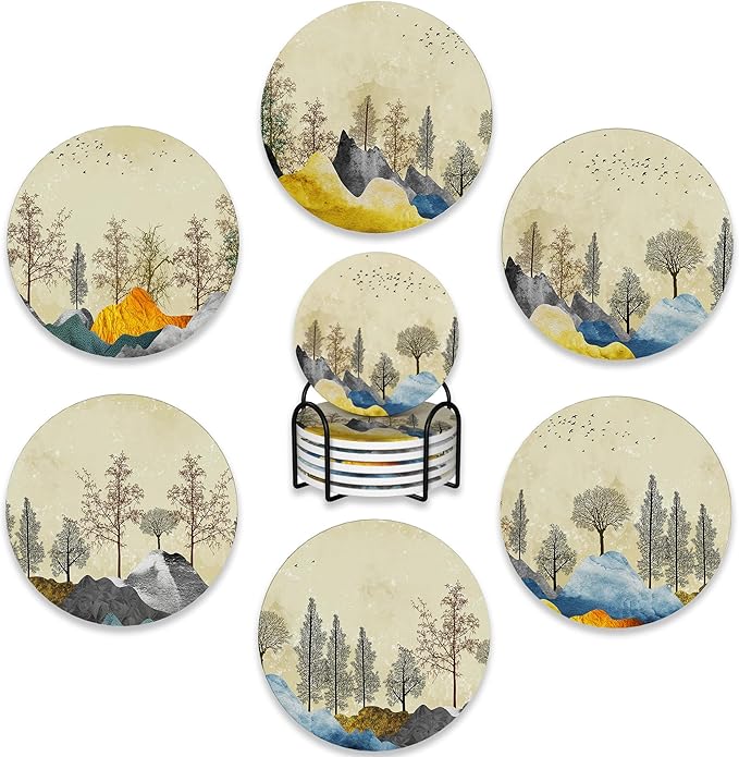 6 Pcs Coasters for Drinks with Holder,Brown Trees with Golden Gray Mountains Landscape Absorbent Coaster with Cork Backing,Great Gift for Housewarming,Room Decor,Bar,Holiday Party
