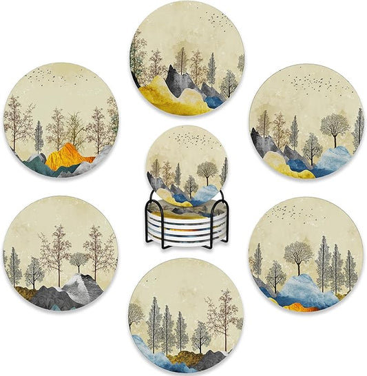 6 Pcs Coasters for Drinks with Holder,Brown Trees with Golden Gray Mountains Landscape Absorbent Coaster with Cork Backing,Great Gift for Housewarming,Room Decor,Bar,Holiday Party