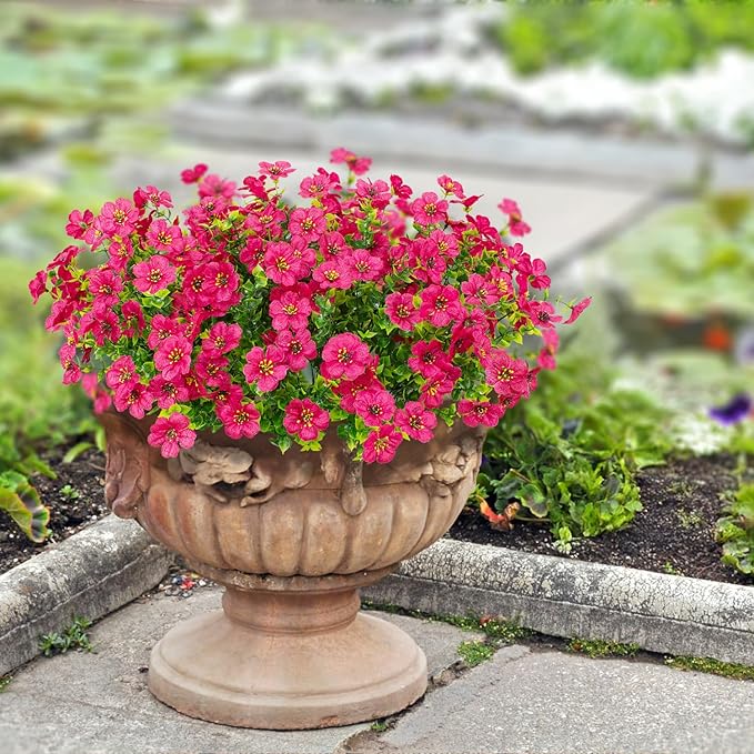 16 Bundles Artificial Flowers Outdoor Spring Summer Decoration Fake Silk Colorful Daisy Eucalyptus Realistic UV Resistant Outside Faux Plants for Garden Porch Window Box Home Decor (Rose Red)