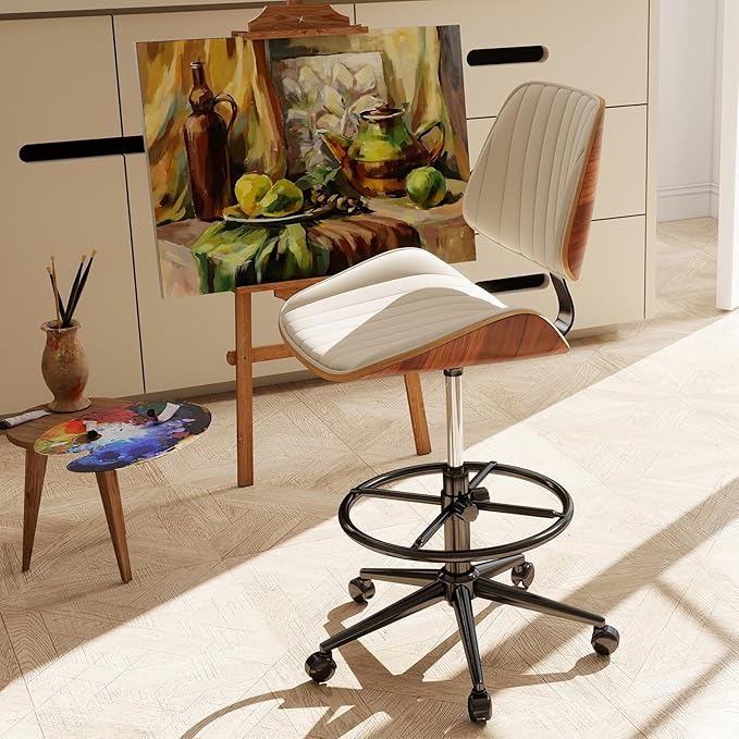 Drafting Home Office Chair, Swivel Desk Chair with Bend Wood Backrest, Ergonomic Office Chairs with Adjustable Height and Footrest Ring for Bar Lab Counter Height Desk and Drawing, Ivory