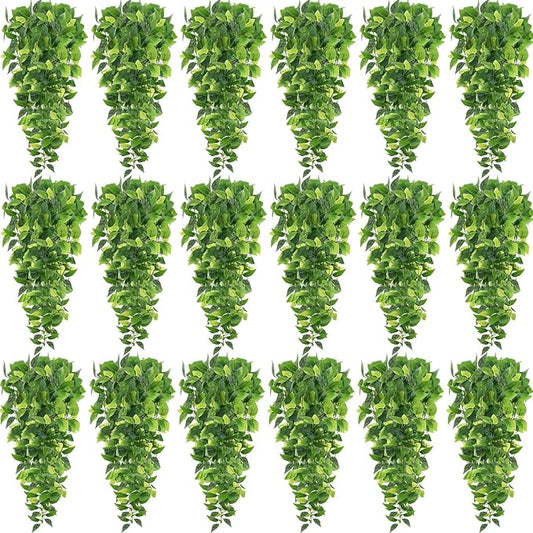 Hoteam 18 Pcs Artificial Hanging Plants 32 Inch Fake Ivy Vines with Fake Leaves Patio Artificial Plants Greenery for Living Room Indoor Outdoor Wall, No Basket (Pothos)
