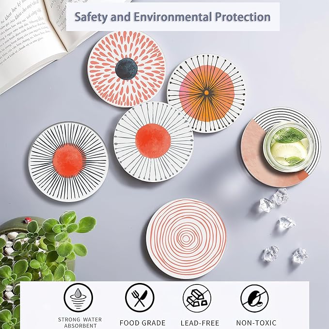 Table Coaster for Drinks Set of 6, Coral Watercolor Series Round Ceramic Coasters,with Cork Base and Metal Holder,Great Housewarming Birthday Gifts,Home Decor