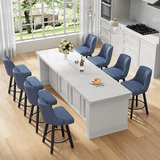 Counter Height Swivel Bar Stool, 24" Upholstered PU Leather Barstools Set of 8, Counter Stool Chair with Back & Solid Wood Legs for Kitchen Island Dining Room (Blue)