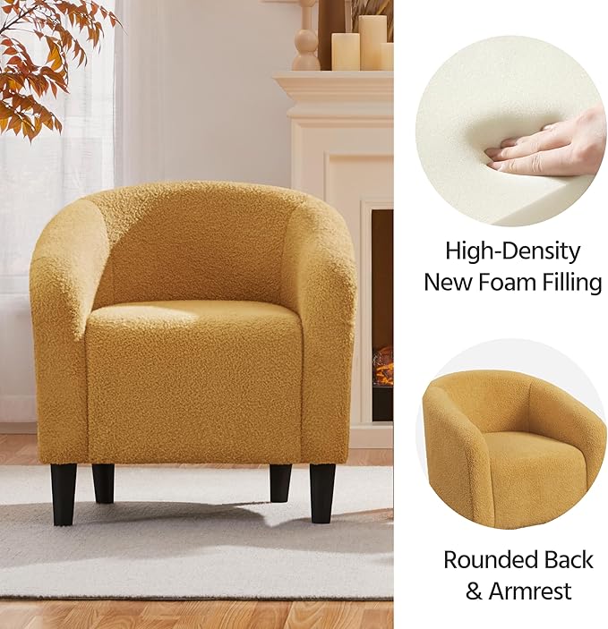 Yaheetech Accent Barrel Chair, Boucle Fabric Club Chair, Furry Sherpa Elegant and Cozy, Soft Padded Armchair for Living Room Bedroom Reception Room Office, Mustard Yellow