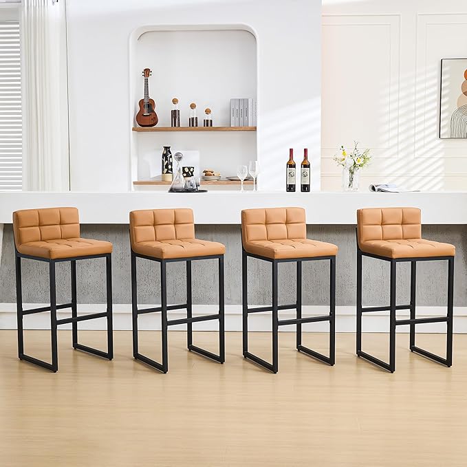 Bar Stools Set of 4, Upholstered Bar Height Barstools with Back and Thickened Metal Frame, Modern 30-inch Tall Bar Chairs for Kitchen Island, Bar, Counter (Caramel Brown, 4Pcs 30" Bar Stools)