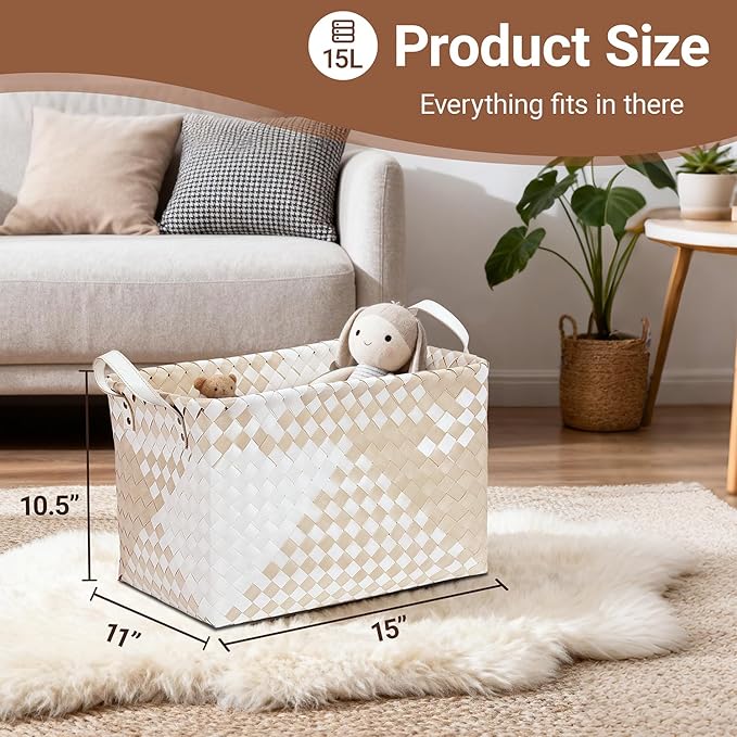 15L Laundry Baskets Waterproof Storage Baskets For Shelves Large Laundry Hamper With Leather Handle -set of 6 Cube Organizers Woven Bins for Bathroom,Bedroom,Pantry,Clothes,Car & Towels-Beige