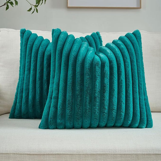FUTEI Teal Green Striped Decorative Throw Pillow Covers 26x26 Inch Set of 2,Square Fall Decorations Couch Euro Pillow Shams,Soft Cozy Faux Rabbit Fur & Velvet Back,Modern Home Decor for Bed