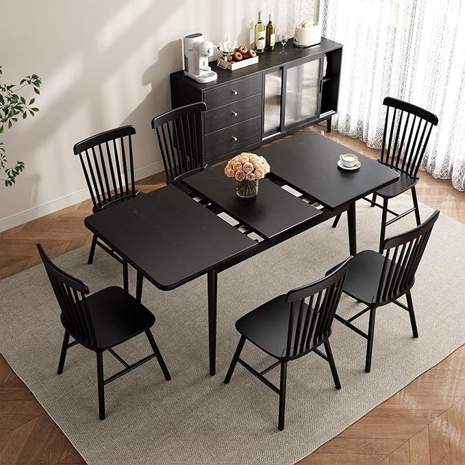 Solid Wood Extendable Dining Table for 4-8 People with Seamless Extension from 47.2 to 63 Inches, Easy Assembly, Expandable Tables for Small Spaces, Dining Room, Kitchen, Living Room, Black