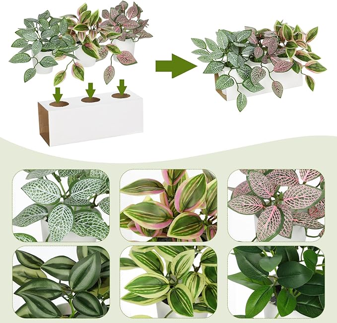 Hollyone Fake Plants 6 Pack Artificial Plants Indoor Faux Plant with White Plastic Pot Small Fake Potted Plant for Home Aesthetic Living Room Bathroom Desk Shelf Office Decor