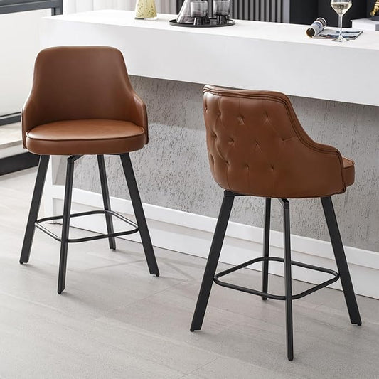 Bar Stools Set of 2, 26" Swivel Counter Height Bar Stools with High Back, Faux Leather Kitchen Barstools Counter Height for Kitchen Island (Dark Brown, 2PCS 26" Counter Stools)
