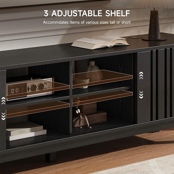 ONBRILL 70-Inch TV Stand for TVs up to 80 Inch, Mid-Century Modern Television Stand with Power Outlet， Entertainment Center with Sliding Grille Door Cabinets and Open Shelves for Living Room, Black
