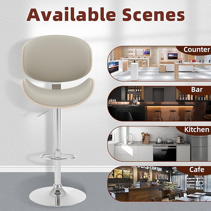 civama Bar Stools Set of 2 for Kitchen Counter, Adjustable Bar Height Chairs, Modern Swivel Barstools with Bentwood Seat and Back with Footrest, for Kitchen Island, Dining Room, Grey PU Leather