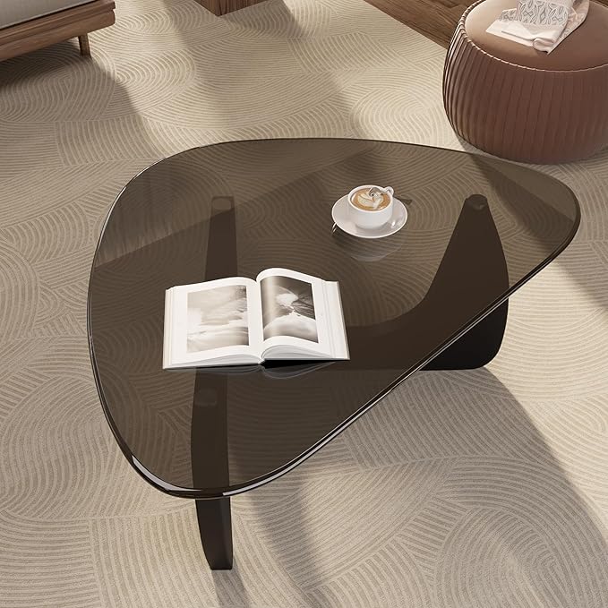 Modern Glass Coffee Table, Triangle Center Table with Tempered Glass Top& Unique Wooden Base, 42.5” Mid Century Tea Tables for Living Room, Apartment, Office,Black & Grey