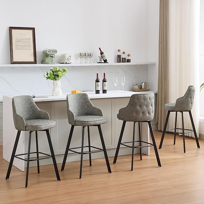 Bar Stools Set of 4, 30" Swivel Bar Height Bar stools with High Back, Faux Leather Kitchen Barstools Bar Height for Kitchen Island (Light Grey, 4PCS 30" Bar Stools)
