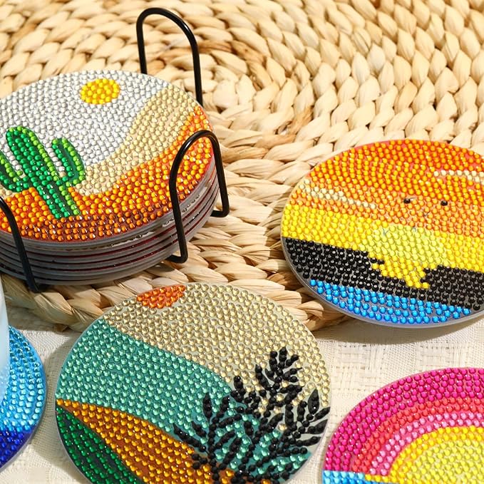8 PCS Abstract Moon Diamond Art Coasters Kits, Diamond Painting Coasters with Holder Set of 8, DIY Drink Coasters Art Crafts Supplies for Adults Cup Mat for Home Decor House Warming Gifts 3.9inch