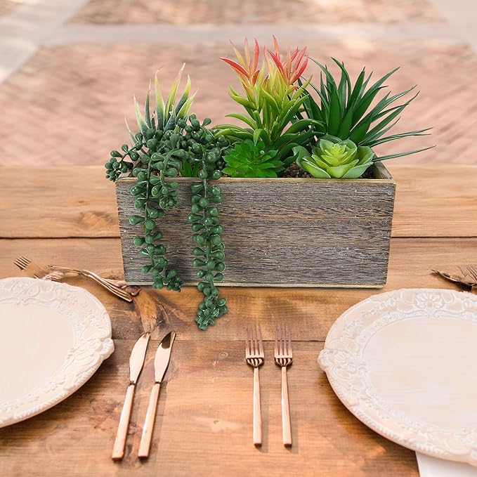 Artificial Succulents Plants Indoor Faux Succulent Potted Arrangement in Rectangular Wooden Pot for Table Centerpiece Windowsill Coffee Patio Farmhouse Decor