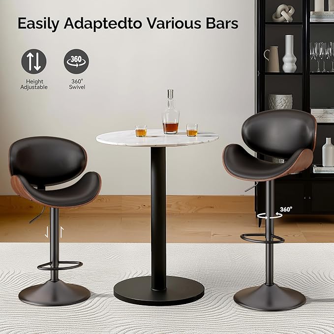 Swivel Bar Stools Set of 2, Seat Adjustable Height 23.5-32.5IN Bentwood Barstools with Back & Footrest, PU Leather Upholstered Counter Height Bar Chairs for Bar Kitchen Dining Room, Black