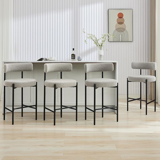 28'' Boucle Bar Stools Set of 4, Grey Bar Stools with Backs, Counter Height Bar Height Stools for Kitchen Island, Upholstered Bar Chairs