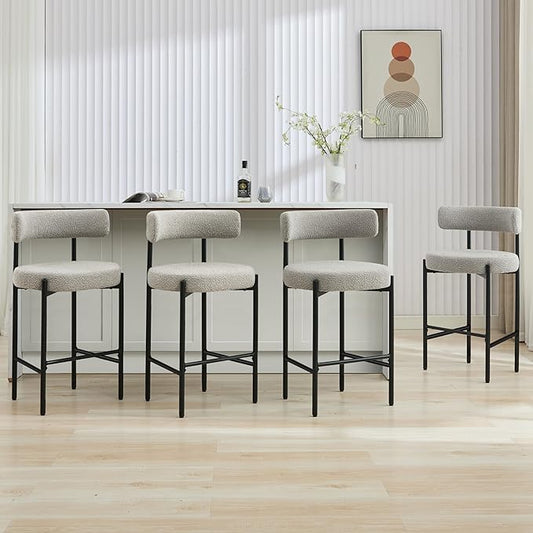 28'' Boucle Bar Stools Set of 4, Grey Bar Stools with Backs, Counter Height Bar Height Stools for Kitchen Island, Upholstered Bar Chairs